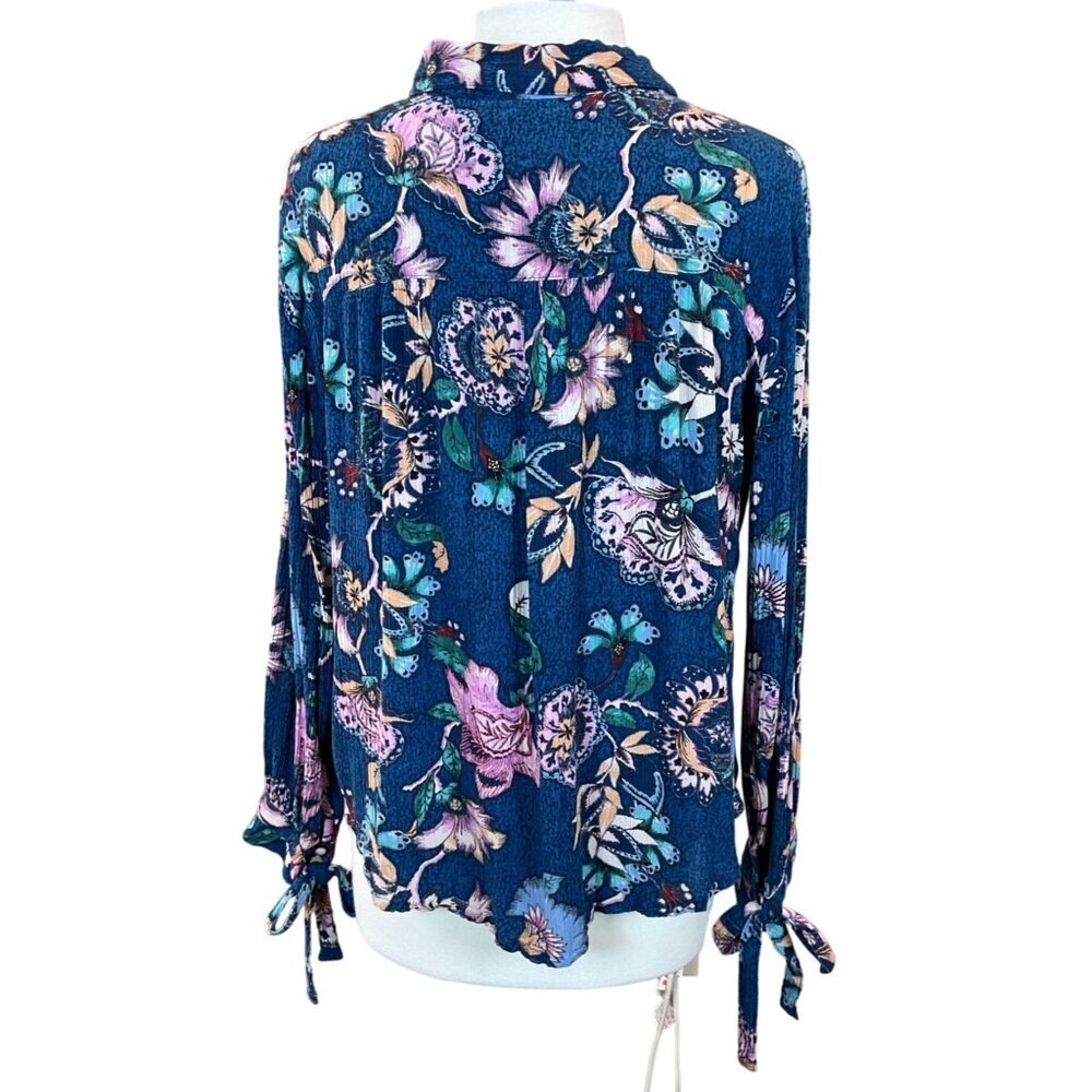 Vintage America Blues Floral Button-Up Blouse Tie Sleeves Vibrant Blues Pinks LG - Picture 6 of 10